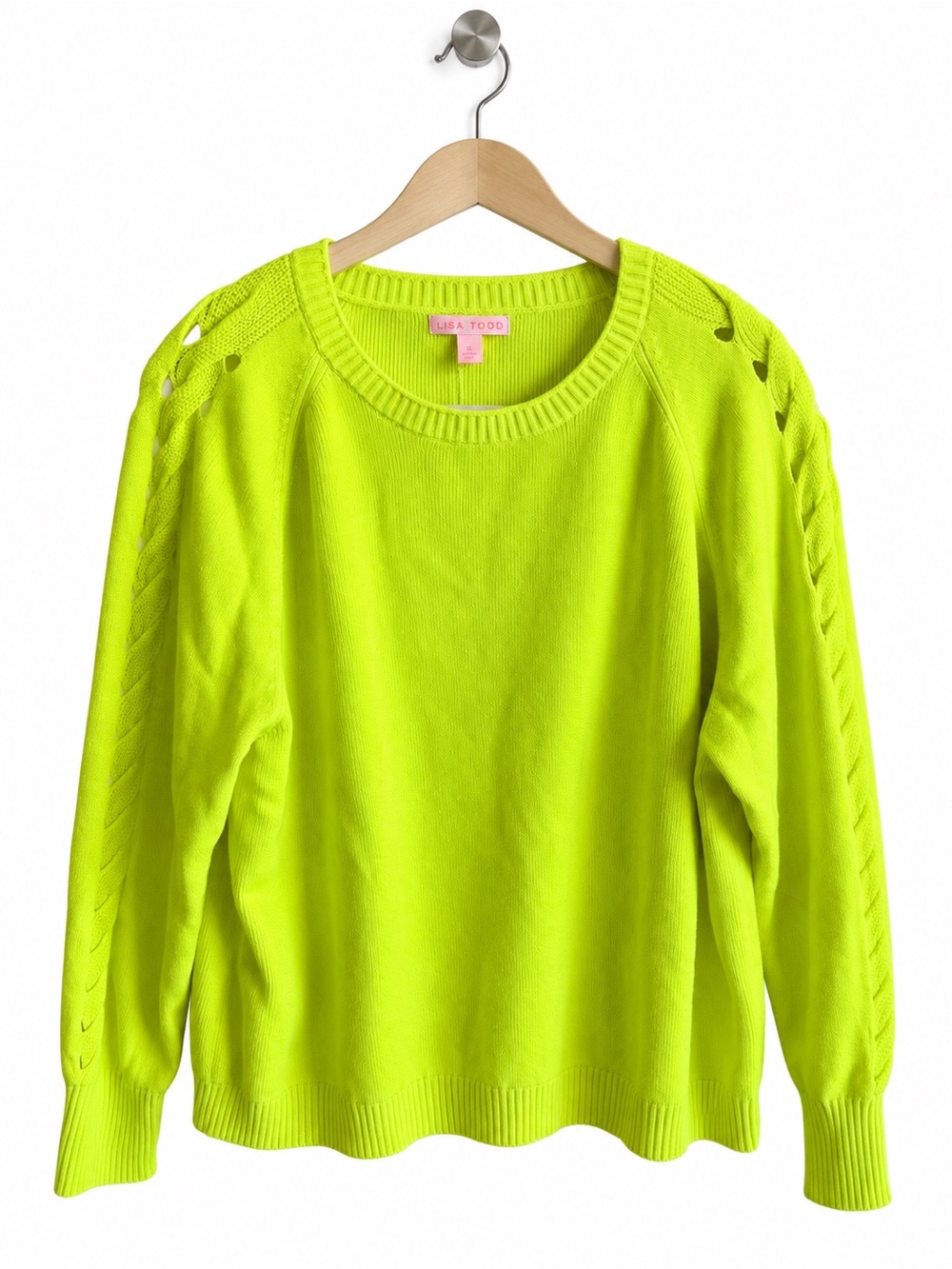 NWT Lisa Todd Neon Lime Yellow Crewneck Sweater 100% Cotton Pullover XL